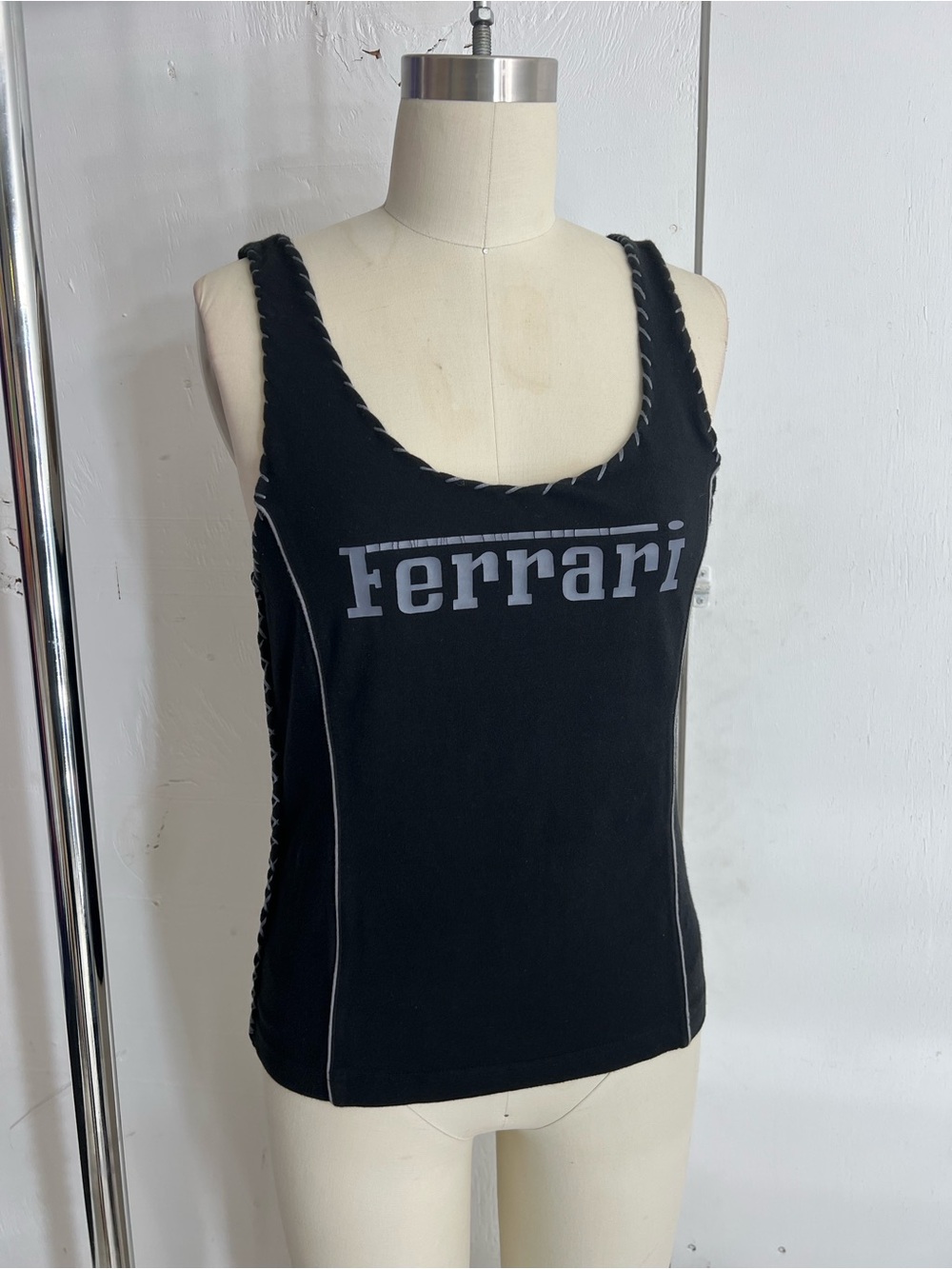 Vintage Deconstructed Ferrari Black Logo Scoop Neck Tank Top